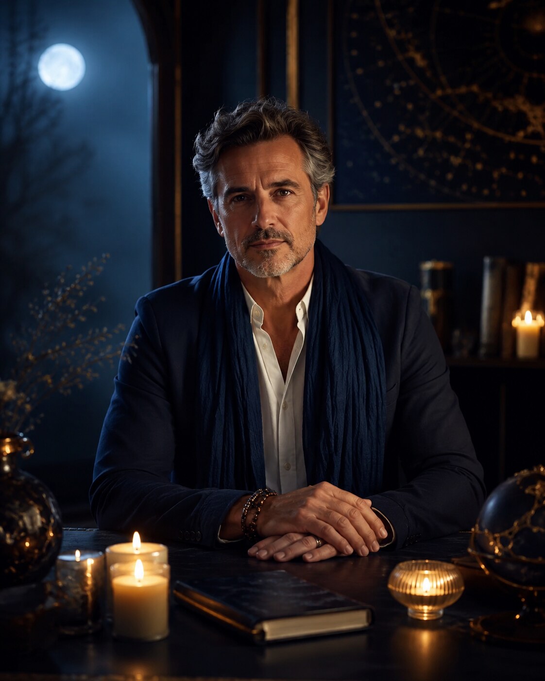 Portrait symbolique d'un voyant médium dans une ambiance bleu nuit