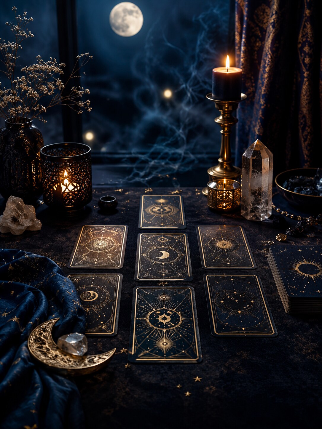 Cartes de tarot symboliques dans une ambiance bleu nuit